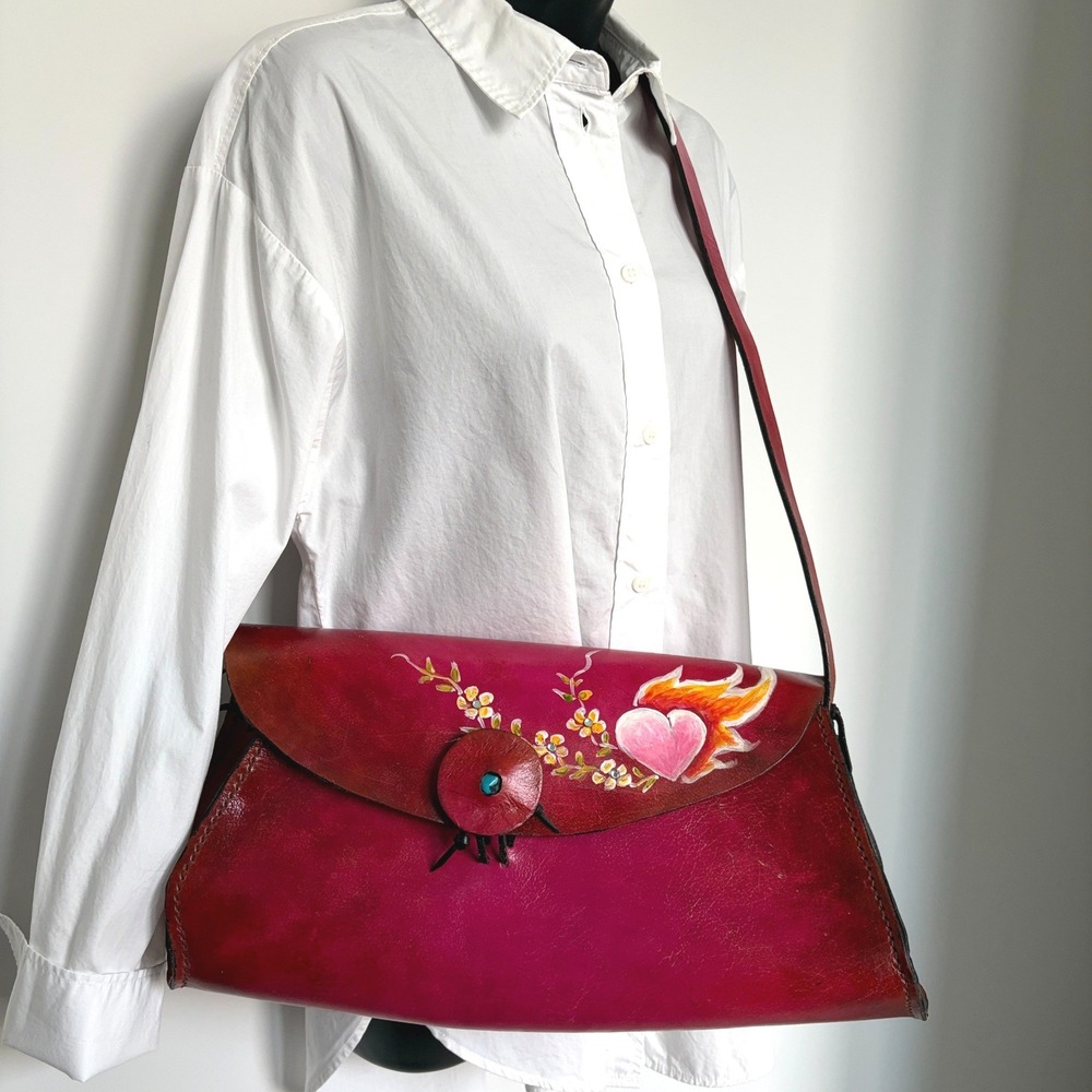 Hand Painted Leather Shoulder Bag Magenta Flaming Heart Sacred Heart 18in